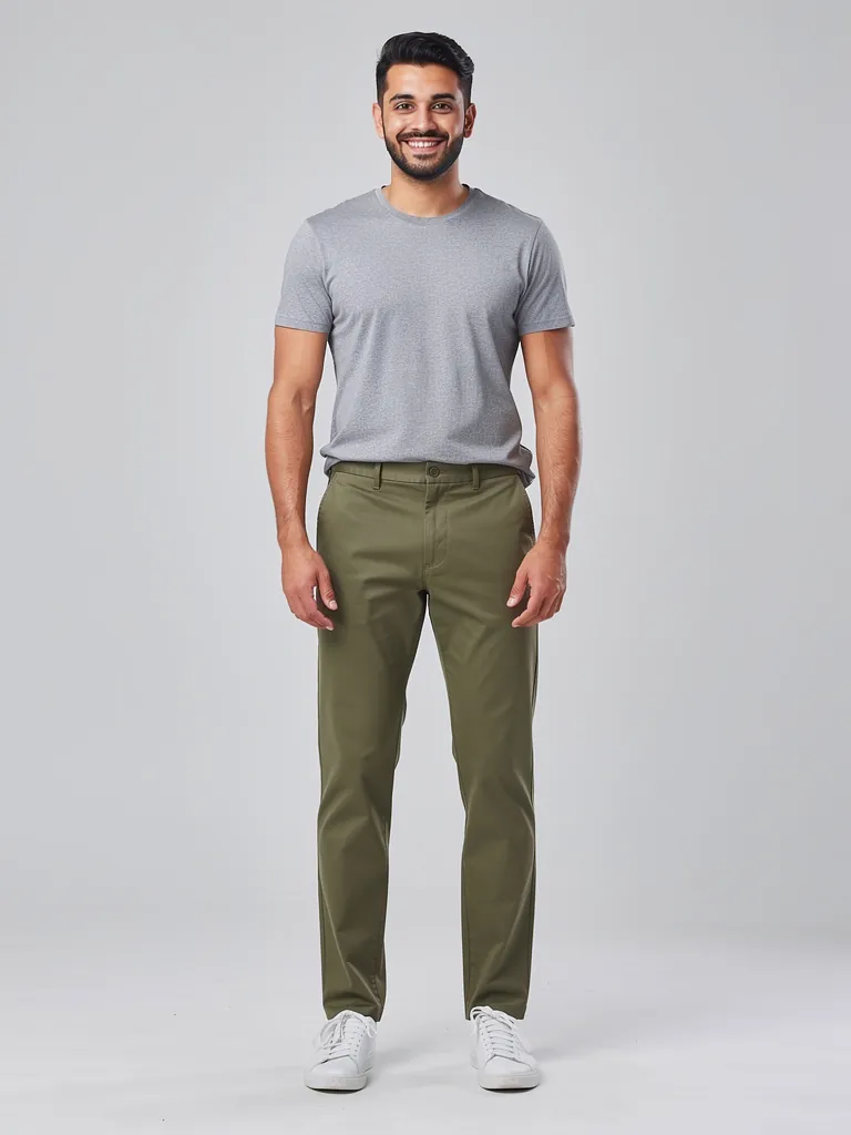 The same shopper wearing the olive chinos, generated by Mirraya. Recommended size M.