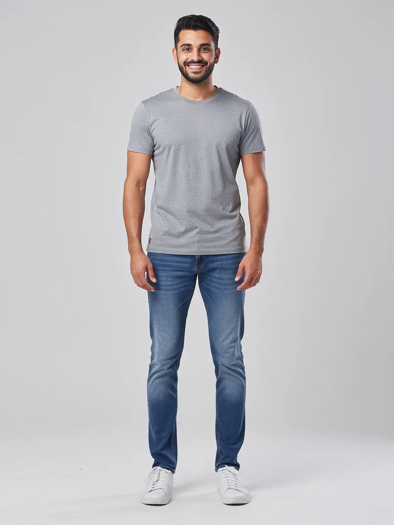 A shopper's own full-length photo, in a grey T-shirt and jeans.
